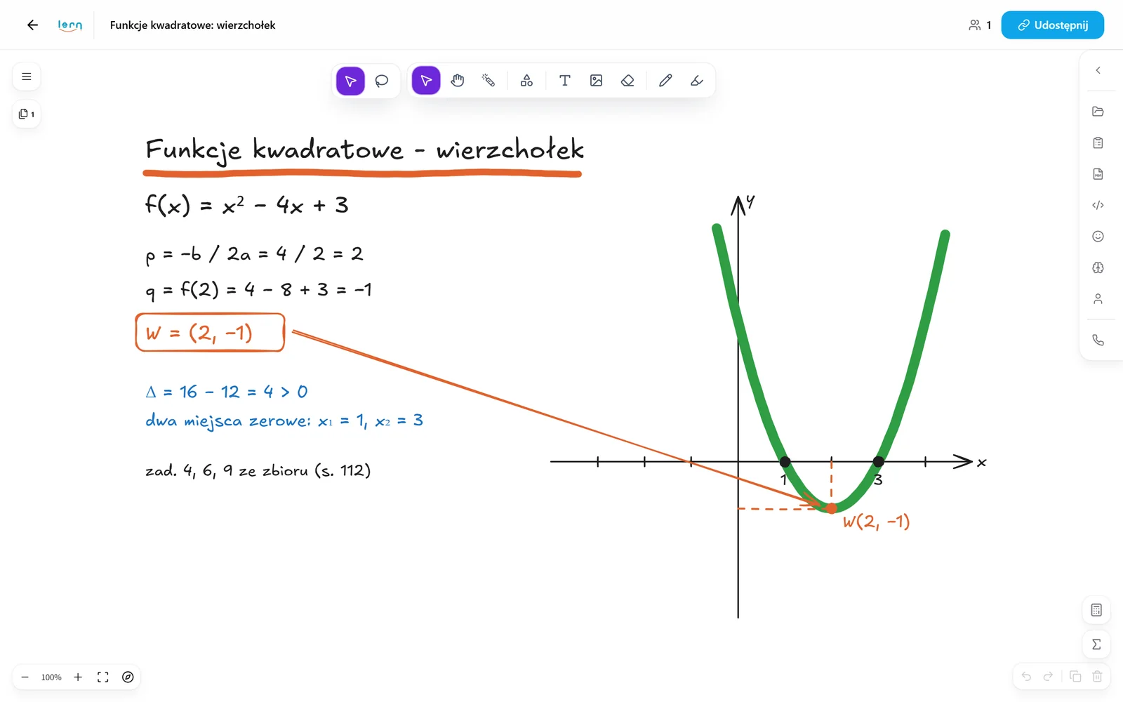 Tablica interaktywna Lern One podczas lekcji z matematyki online w Eduloop